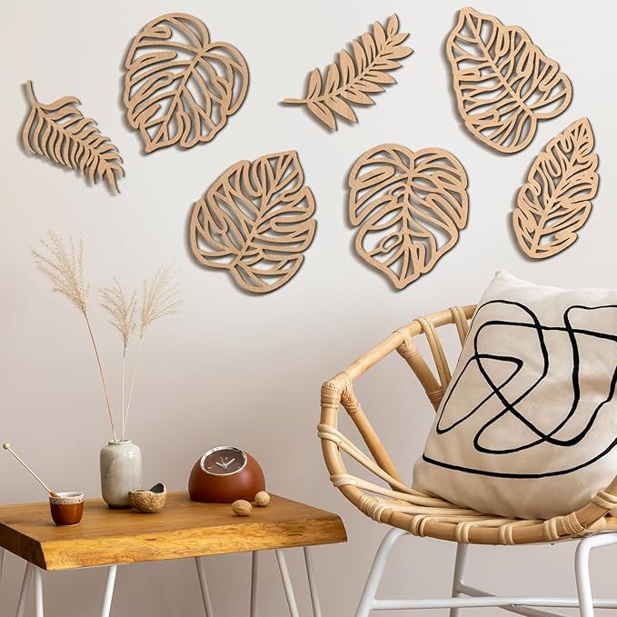 Namalu 7 Pcs Tropical Wall Decor Jungle Monstera Wall Art Boho Palm Leaf Wooden Decoration Tropical Nursery Decor Vintage Natural Monstera Leaf Plaque for Farmhouse Kitchen Bedroom Garden(Wood Color)