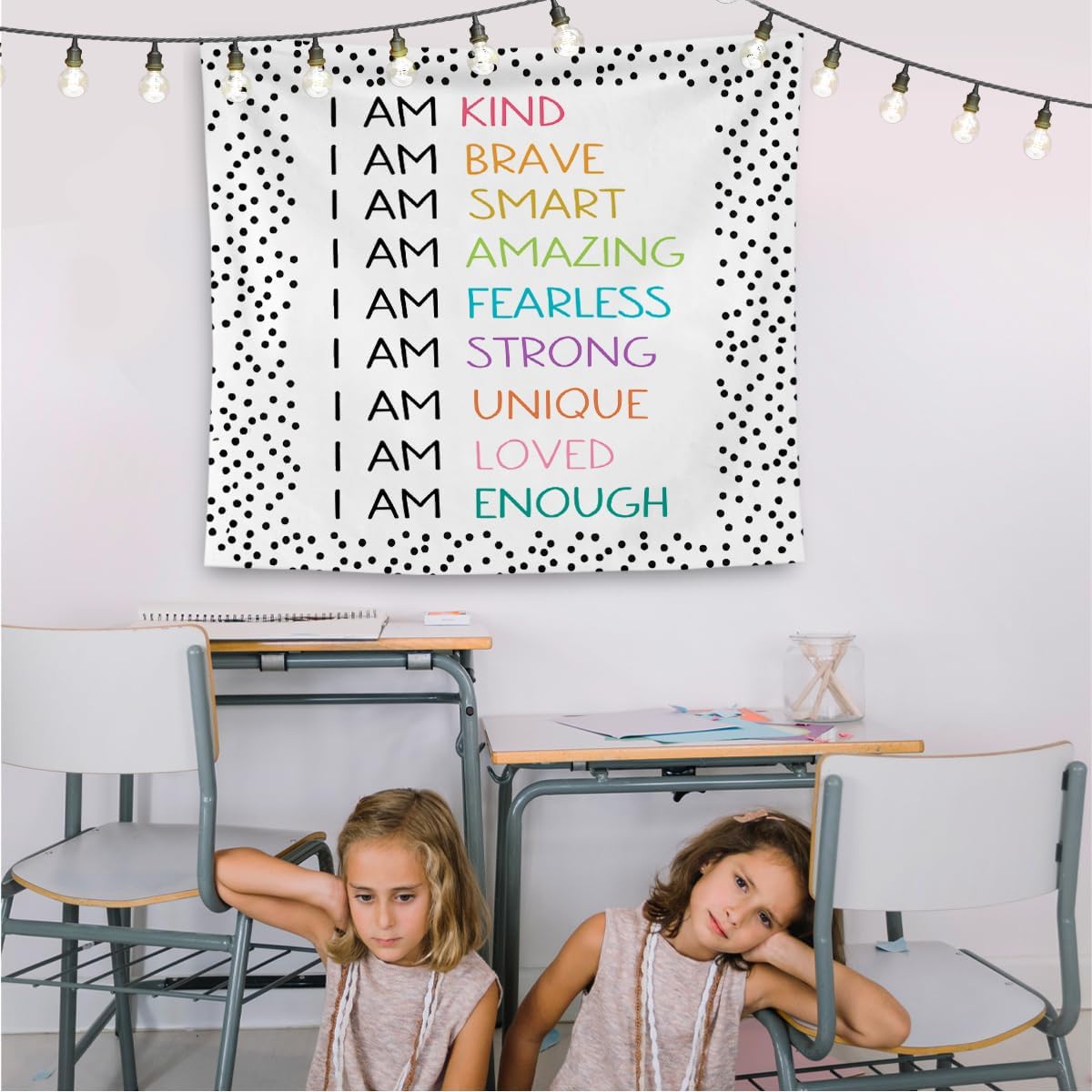 QGFM Positive Affirmations Wall Decor, I am Kind Brave Smart Inspirational Tapestry Wall Hanging for Classroom Nursery Kids Room Playroom Decor, Positive Affirmations for Kids, 50x60 Inches