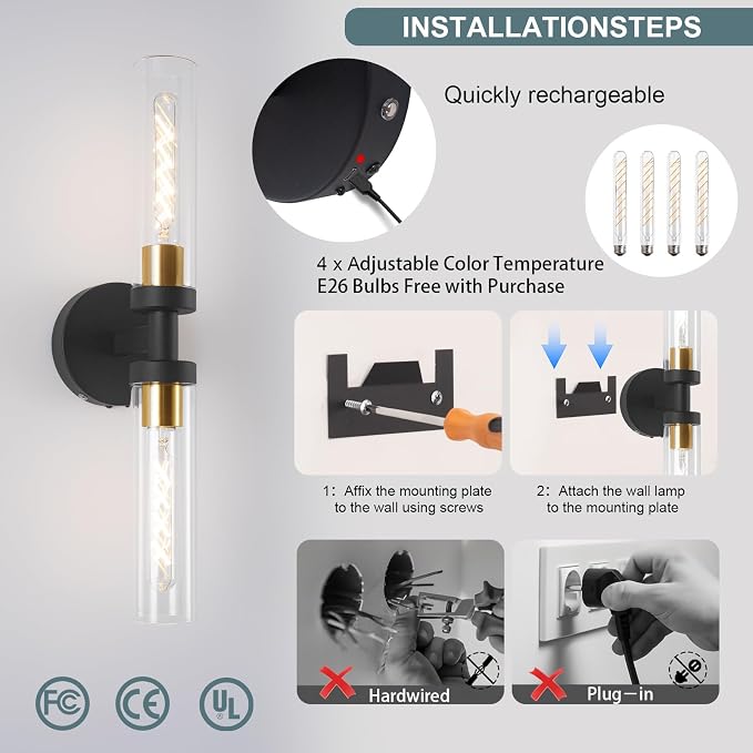 Battery Operated Wall Sconces, Wall Sconce Set of 2, 3000K-6500K Black Rechargeable Wall Lamp with Remote, Indoor Non-Hardwired Wall Lamps, Modern Vanity Light for Bedroom, Living Room, Aisle