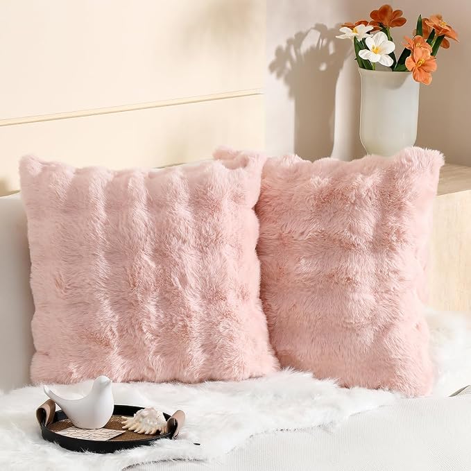 linmopm Super Soft Fluffy Faux Fur Sheepskin Rugs 2x6 ft Sheepskin, White+Faux Rabbit Fur Bubbles Pack of 2 Throw Pillow Covers Pink 18x18 Inch