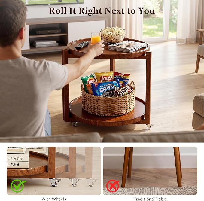 Taitiy Rolling Side Table with Wheels Solid Wood Round End Table with Storage Shelf 2 Tier Mobile Side Table for Couch & Small Spaces Wooden Bedside Table with Lockable Casters Walnut 21.5"