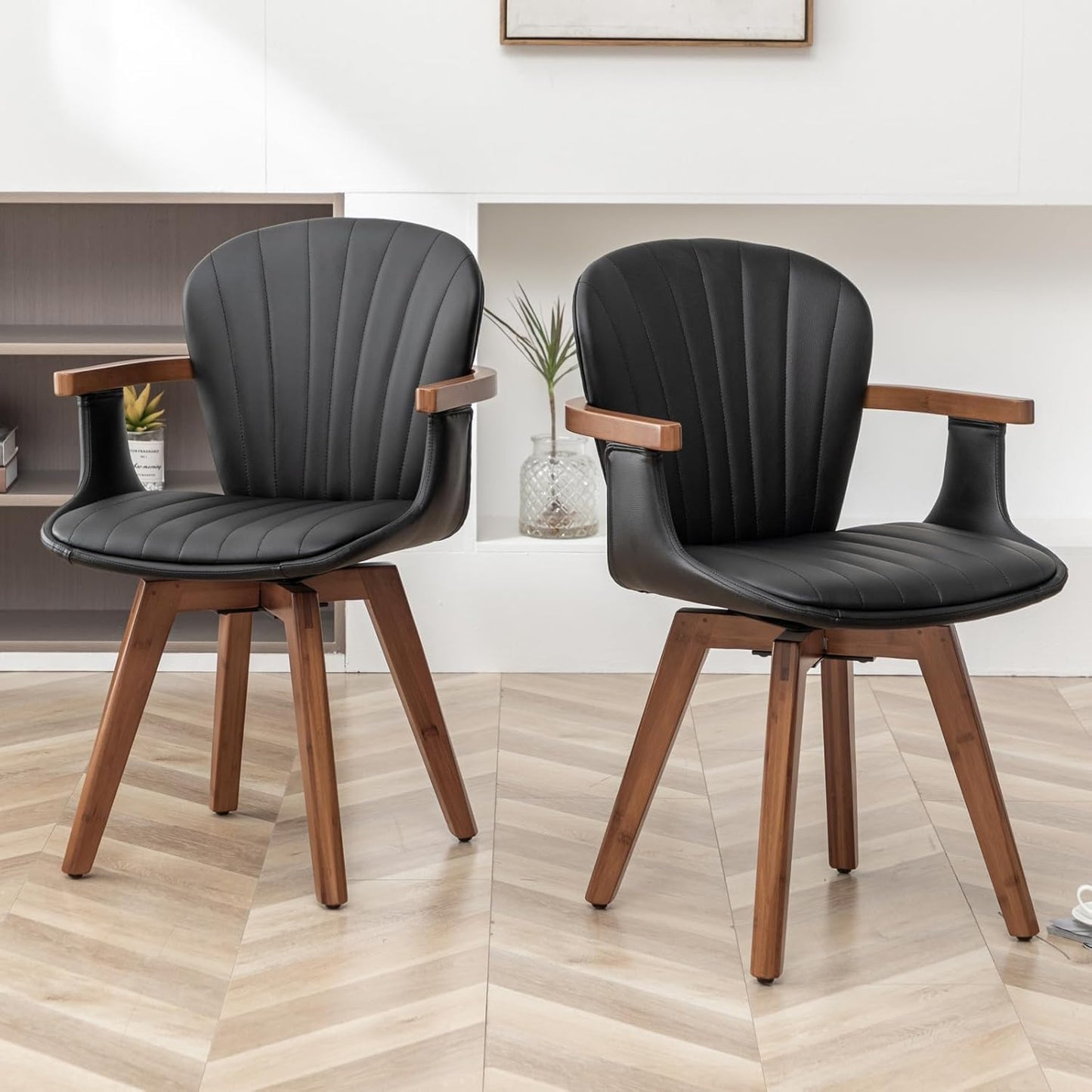 LUNLING Swivel Dining Chairs Set of 4, Mid Century Modern Black Faux Leather Kitchen Chairs with Arms,Bamboo Legs Side Chairs No Wheels,Accent Chair for Dining Rooms and Offices