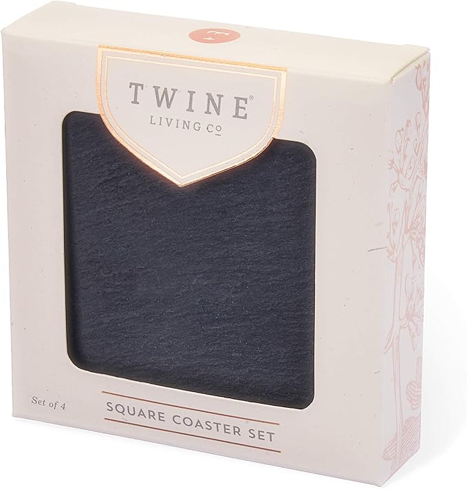 Twine Square Slate Coasters, Modern Square Coasters, Slate with Velvet Backing, Protect Tables and Surfaces, Black, Set of 4