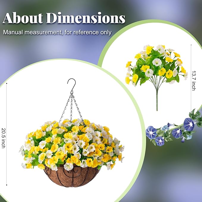 Ammyoo Artificial Hanging Flowers with Basket, Faux Silk Petunias Flower Arrangement, Coconut Lining with Morning Glories Fake Plants Patio Garden Porch Deck Fall Decor(Yellow and White)