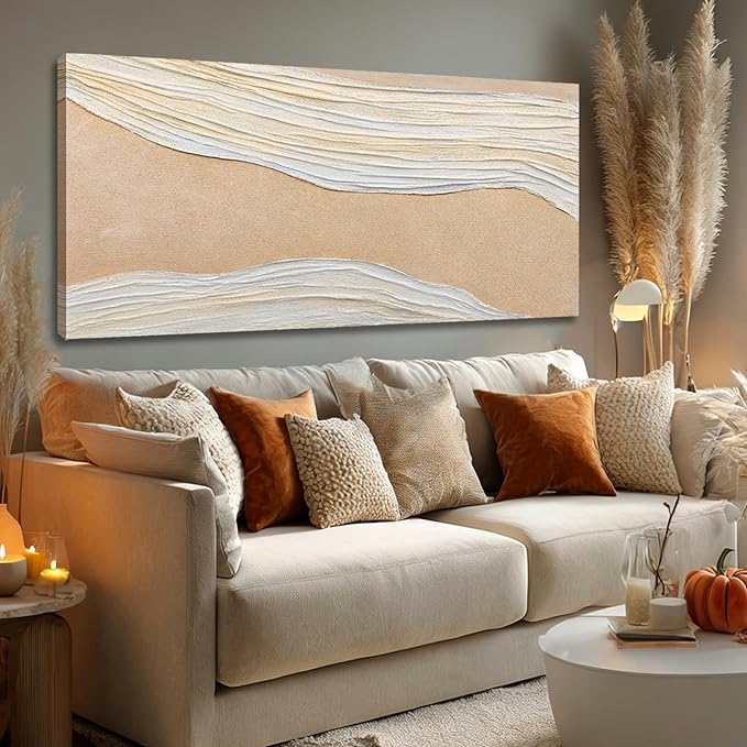 Dolidoteart Beige White Canvas Wall Art, Hand Painted Abstract Oil Painting, Large Neutral Textured Wall Decor for Living Room Bedroom, Horizontal 24x48 Inch