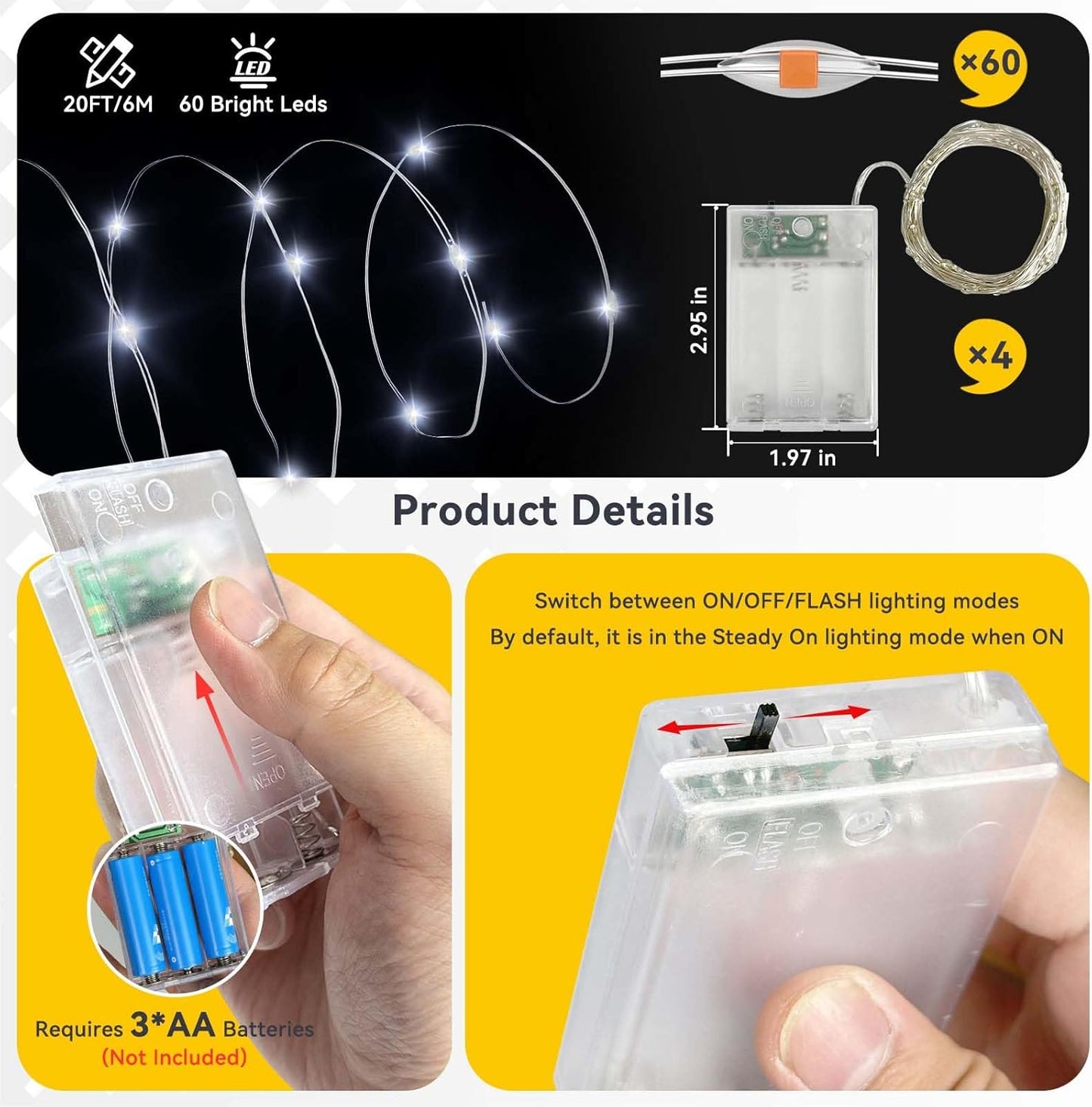 4 Pack 60LED Christmas Fairy Lights Battery Operated - 20FT Twinkle Lights with 2 Lighting Modes Indoor Outdoor, Waterproof Led Fairy String Lights for Bedroom, Classroom, Dorm, DIY Decor, Cool White