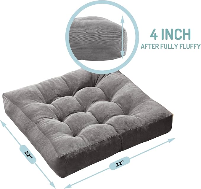 Degrees of Comfort Floor Cushion 6 Pack for Meditation, Home Office & Dorm – Corduroy Soft Seating Set, 22 Inch, High-Density Foam, Square Shape, Grey