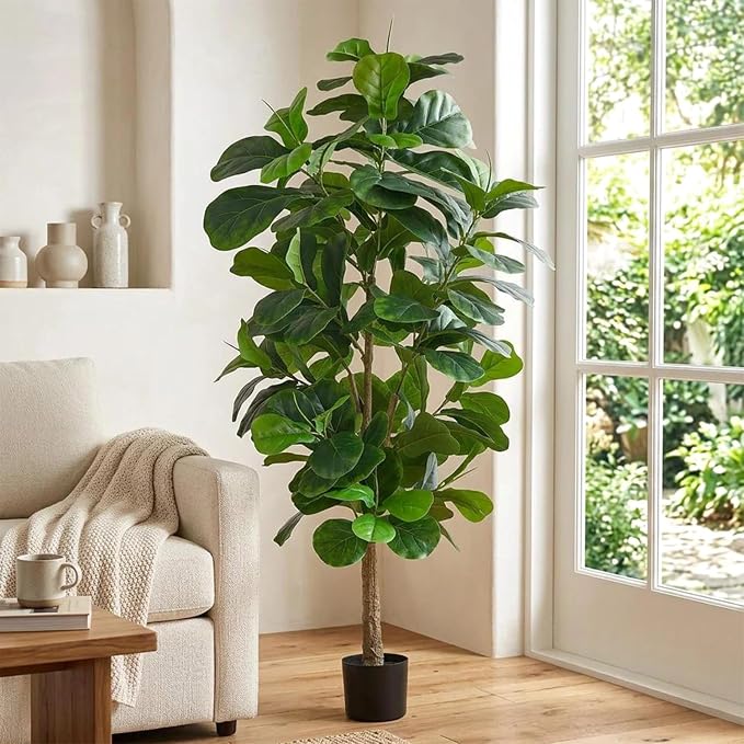 VECELO Artificial Fiddle Leaf Fig Tree 6FT(71in), Tall Fake Floor Plants with 150 Large Realistic Leaves in Plastic Pot for Indoor Outdoor Living Room Home Decor