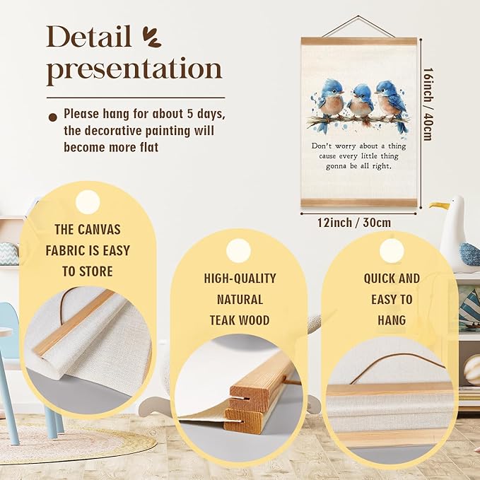 ZTGDA Inspirational Wall Hanging Canvas Art Poster, Every Little Thing Is Gonna Be All Right,Cute Positive Watercolor Birds Wall Art for Home and Office Decor,Best Birthday, Graduation Gift