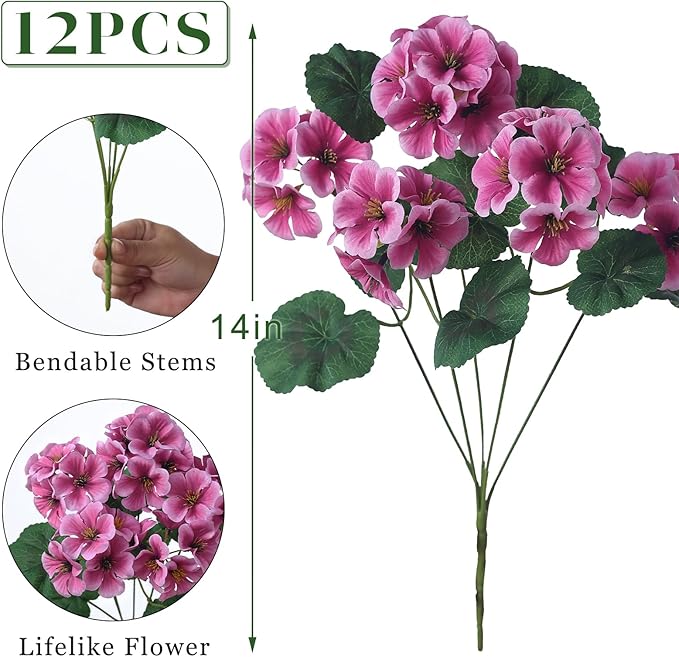 GLIDLION 12 Bundles Artificial Geranium Flowers for Spring Summer Decor, UV-Resistant Fake Plants Realistic Faux Silk Bouquets for Front Door Farmhouse Garden Porch Home Outdoor Decor (Pink)