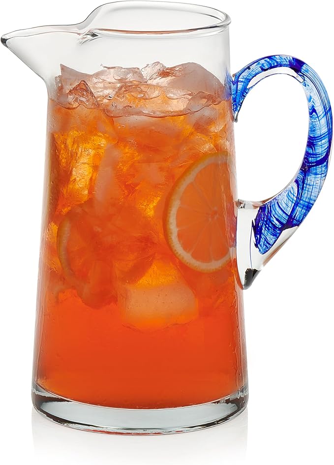 Libbey Cabos Glass Water Pitcher, 90 Oz Handcrafted Drink Pitchers with Spout and Blue Handle, Artisan-Inspired Glass Water Jar for Tables, Kitchen