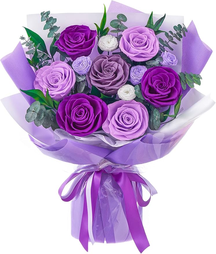 Polylove Flowers for Delivery Prime Forever Flowers Bouquet Preserved Roses Bouquet Flower Gift for Women Wife Mother Day Graduation Birthday (Purple, Medium)