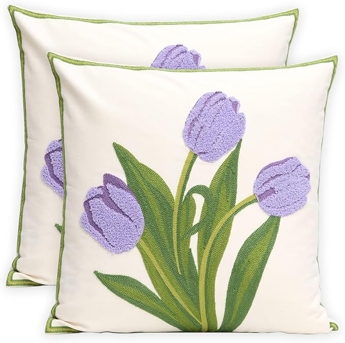 Pack of 2 Embroidered Decorative Throw Pillow Cover 18x18 Inch Farmhouse Floral Pillowcase for Living Room Sofa Bed (Purple Tulip)