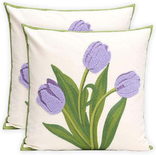 Pack of 2 Embroidered Decorative Throw Pillow Cover 18x18 Inch Farmhouse Floral Pillowcase for Living Room Sofa Bed (Purple Tulip)
