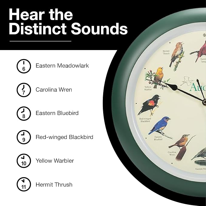 Mark Feldstein, Audubon Singing Bird Wall Clock, 13 Inch, Green