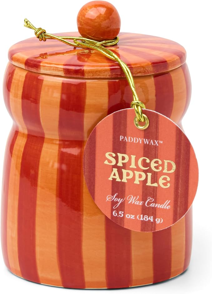 Paddywax Cabana Hand-Painted Scented Candle with Lid in Ceramic Reusable Jar, Clean-Burn Soy Candle, Spiced Apple Scent, Approx. 42 Hour Burn Time, 6.5 oz