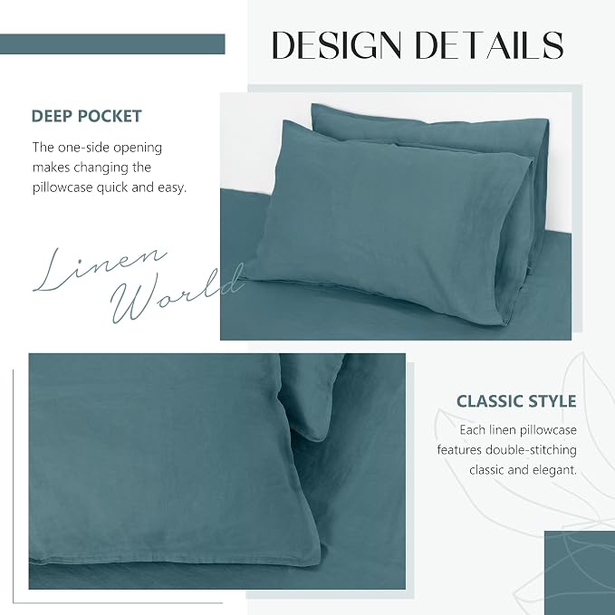 Linen World Linen Pillow Cases King Size - 20"x40" Set of 2,100% French Flax Pillowcase,Soft Breathable Natural Pillow Covers,Lake Blue