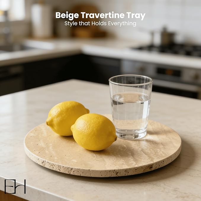 Beige Travertine Marble Riser - Round Pedestal Marble Trivet Vanity Tray with 3 Feet, Minimalist Stone Display Stand for Bathroom Counter, Kitchen, Perfume, Jewelry & Scented Candles (Middle)