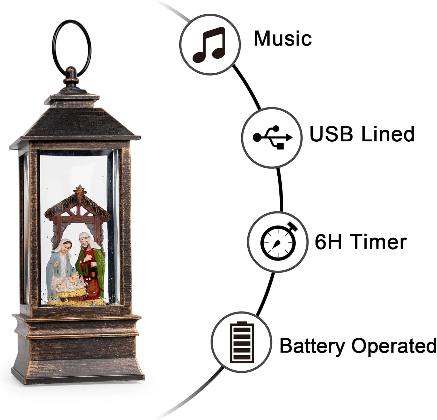 10'' Musical Snow Globe Lantern Lighted Nativity Manger Scene Water Lantern Swirling Glittering Home Decoration and Gift, Battery Operated or USB Powered