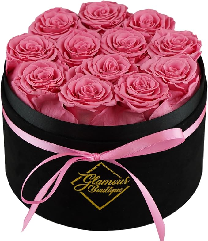 GLAMOUR BOUTIQUE Flowers Forever Gift Box, 12 Real Preserved Roses in Velvet Black Box, Floral Gift for Her, Mom or Wife for Birthday, Mother’s Day, Anniversary or Graduation, Pink (Color-Treated)