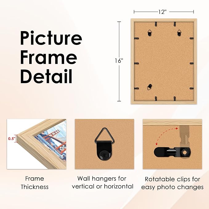 FIXSMITH 12x16 Picture Frame Natural Set of 2, Photo Frame with HD Plexiglass, Display Pictures 8.5x11 with Mat or 11x17 Without Mat, Natural Picture Frames Collage Wall Decor, Gallary Wall Frame