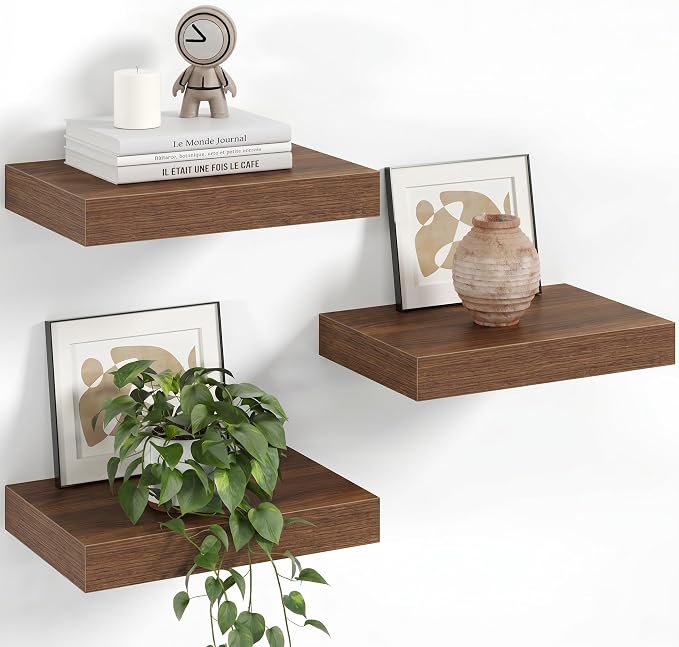 Fun Memories 12 Inch Floating Shelves for Wall Set of 3, Wood Grain Bathroom Shelves with Invisible Brackets, Easy Install Wood Storage Shelves for Kitchen, Living Room, Bedroom, Walnut