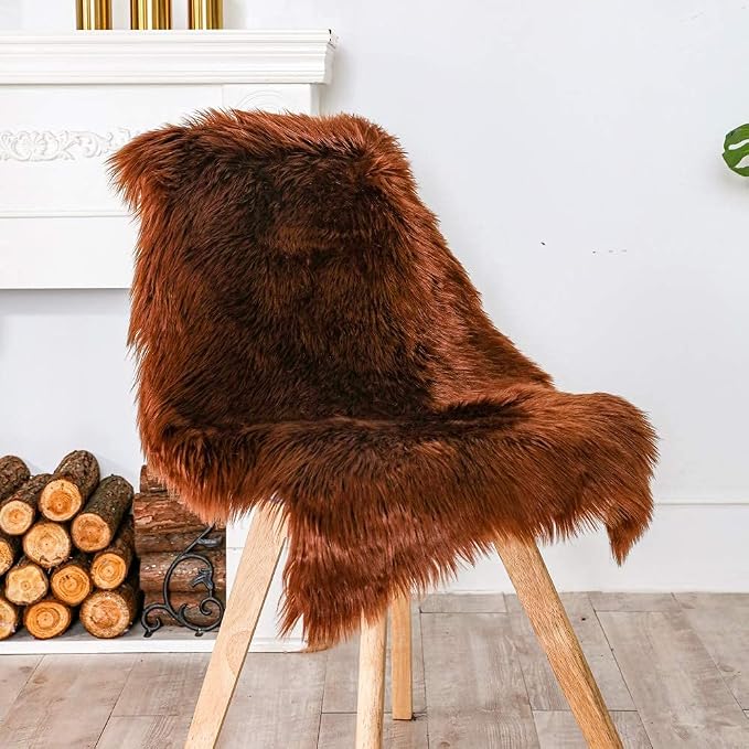 Carvapet Luxury Faux Sheepskin Chair Cover - Soft Plush Fur Seat Pad Skid-Resistant Fluffy Area Rug for Desk Armchair Bedroom Decor Brown 2x3 Feet