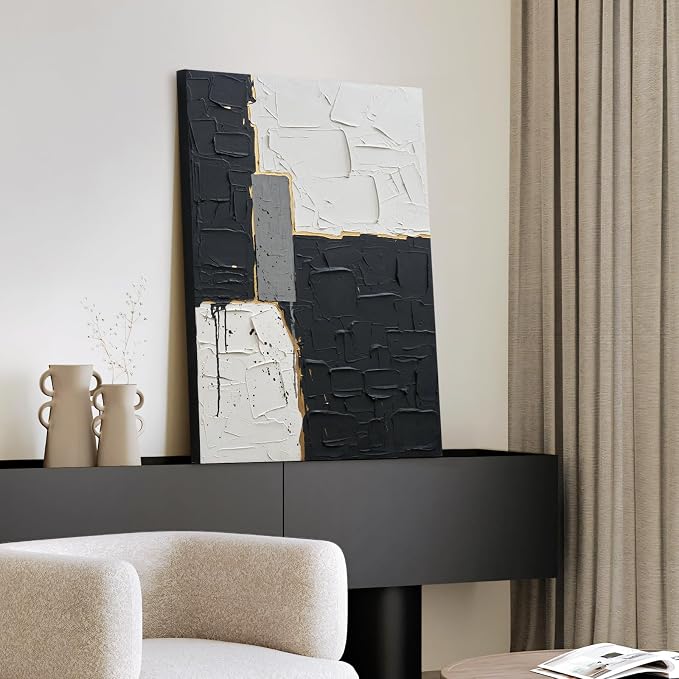 Minimalist Abstract Black & White Geometric Canvas Wall Art for Living Room | Modern Hand-Painted Textured Oil Painting Artwork for Bedroom Hallway, Large Original Wall Decor for Home Decor Gifts 24x36"