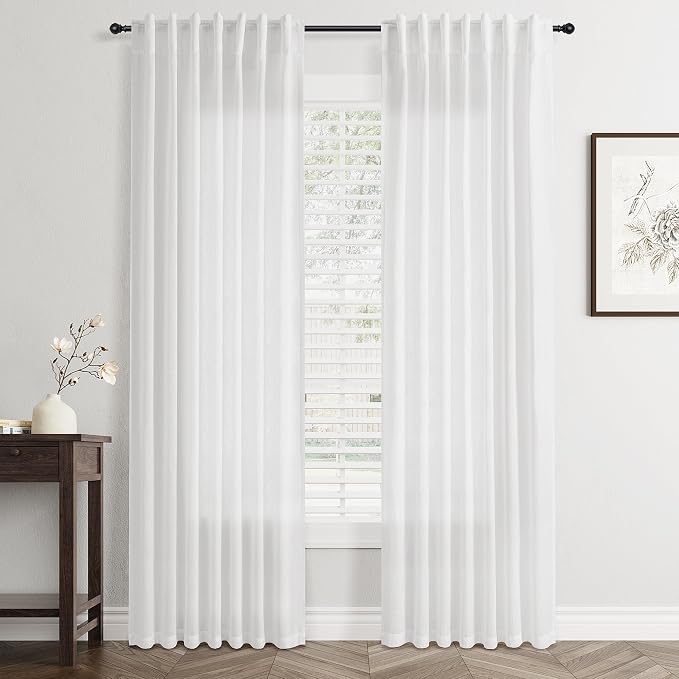 Jowels White Linen Curtains 88 Inch Long 2 Panels for Living Room | Light Filtering Semi Sheer Curtain, Back Tab Pocket Pleated Look, Boho Farmhouse Textured Privacy Drapes for Bedroom Window