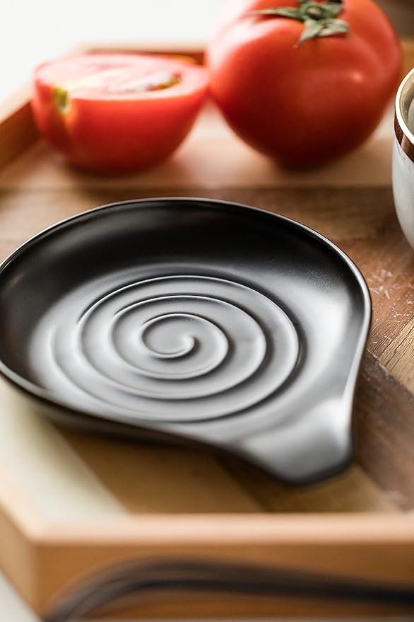LAUCHUH Spoon Rest for Stove Top, 5 inch Large Cooking Spoon Holder for Kitchen Countertop Ceramic Ladle Holder for Spatula, Tong, Heat-Resistant, Farmhouse Kitchen Decor for Mother‘s Day’, Black