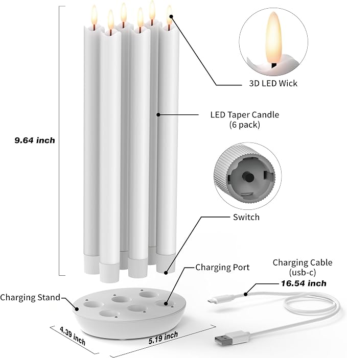 Rechargeable Flameless Taper Candles with Remote, Charging Base, 6 Pcs | 0.78x9.6" white wax LED tapers, 3D flicker, 2.5-hour USB-C charge, up to 160-hour runtime for Home Wedding Christmas Decor