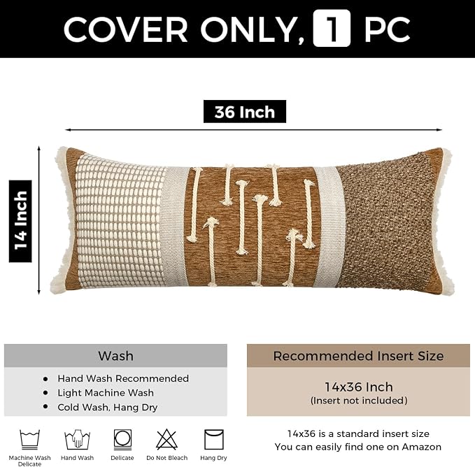 Burnt Orange Boho Lumbar Pillow Cover 14x36 Inches | Modern Farmhouse Long Lumbar Decorative Pillows Cushion Case with Handmade Drawn Work Tassel for Bed Couch