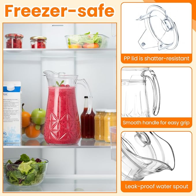 LemonRoad 7 Pcs Glasses Pitcher Drinkware Set 54oz Pitcher Carafe and 6 Tall Drinking Beverage Set, Jug with Lid and Spout for Juice, Iced Tea or Water(Crystle Style)
