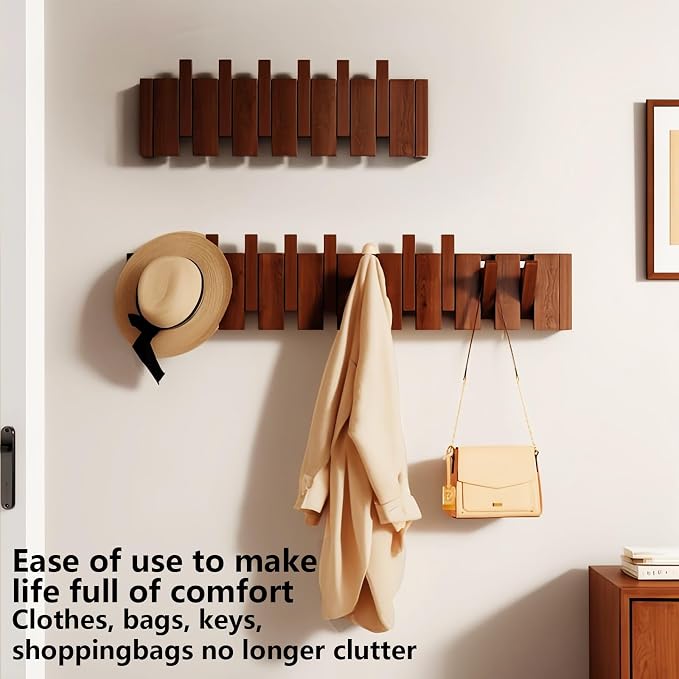 Wall Mounted Coat Rack Hooks Piano Key Hangers Natural Solid Wood Hanger Non-Woven Fabric Clothes Hangers for Closet, Kitchen, Bedroom, Bathroom, Entryway (Walnut Paint, 8 Hooks)