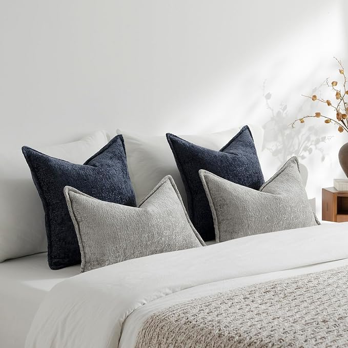 DEZENE Pack of 2 Navy Decorative Throw Pillow Covers 18x18 Cozy Soft Chenille Accent Vintage Square Couch Pillow Covers for Home Decor Bed Sofa Living Room