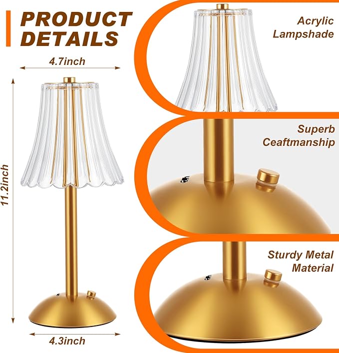 Liliful 8 Pcs Cordless Table Lamp Rechargeable Touch LED Small Gold Portable Battery Operated USB-c Desk Lamp 3 Color Dimmable for Bedroom Living Room Dining (Gold,Rose Style)