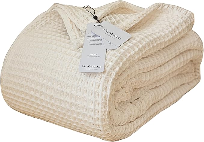 Premium Waffle Throw Blanket Twin Size - Luxury, Pure 100% Turkish Cotton, Light and Airy Waffle Weave All-Season Quilt - Natural Undyed Decorative Bedspread (Natural, Twin 63" x 91" Inch)