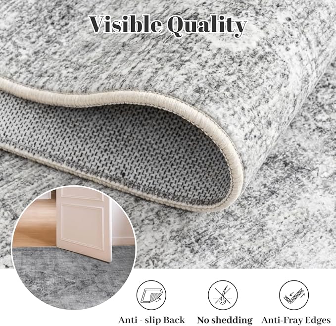 Homemate Washable Rug 5x7 Area Rugs - Vintage Faux Wool Rugs for Living Room Bedroom Dining Room - Non Slip Foldable Carpet Indoor Area Rug for Home Decor（5'x7', Grey