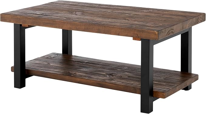 Alaterre Furniture Pomona Rustic Coffee Table with Storage Shelf - 42-Inch Industrial Modern Metal and Solid Wood Living Room Table - Easy Assembly Farmhouse Living Room Furniture (Rustic Natural) | Rectangular Center Table with Storage Shelf and Metal...