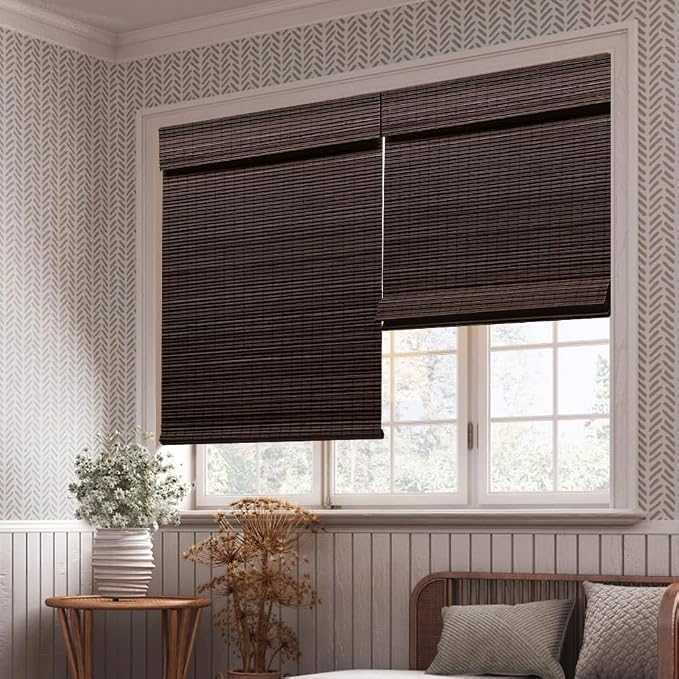 LUCKUP Cordless Bamboo Roman Blinds Shades for Indoor Windows-Blackout Room Darkening Roman Blinds with 6" Valance Cover Enhanced Privacy, 24" W x 64" H