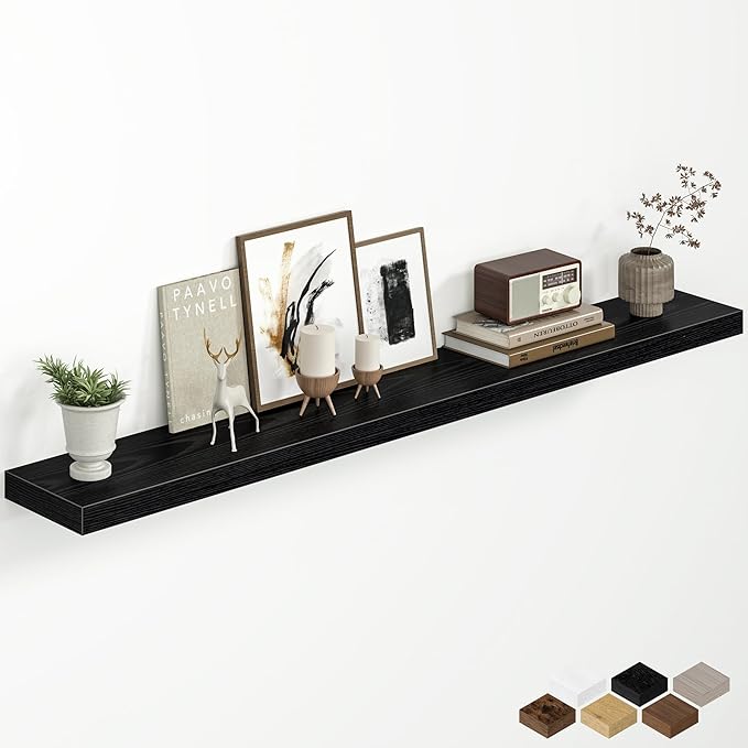 Fun Memories 55 Inch Floating Shelves for Wall, 8 Inch Deep Rustic Wood Wall Mounted Shelves with Invisible Brackets for Bathroom, Bedroom, Kitchen & Living Room Storage Decor, Black, 1 Pack