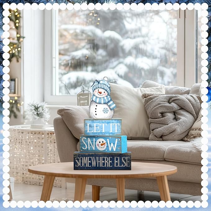 Lineshading 4 Pcs Winter Table Decorations Wooden Snowman Blue and White Winter Tiered Tray Decor Christmas Centerpiece Rustic Decorative Snowman Block Sign Gift for Wonderland Party Home Kitchen