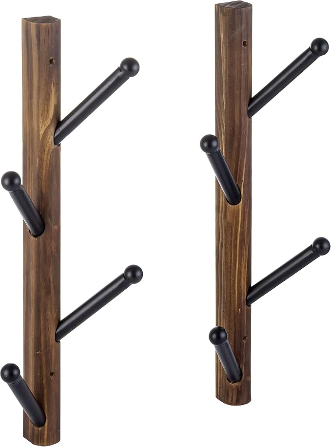 MyGift 4 Hook Wall Mounted Rustic Brown Solid Wood and Black Metal Hat Coat Hanger Tree, Vertical Entryway Hanging Garment Rack with Branch Style Hooks, Set of 2
