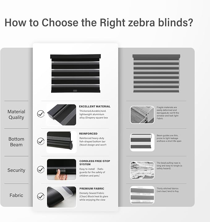 AOSKY Cordless Zebra Blinds for Windows Pull Down Roller Window Shades Dual Layer Light Filtering Privacy for Day and Night, Free-Stop Door Shades for Home Easy to Install (61" W X 72" H，Black)