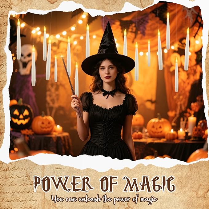 36 Pcs Halloween LED Magic Hanging Floating Candles, Taper Flickering Flameless with 2 Magic Wands - Candle Set for Halloween, Christmas, Weddings, Birthdays & Fantasy Ambiance...
