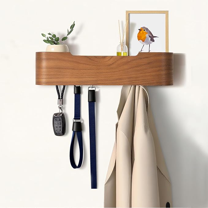 Coat Rack Wall Mount with Hidden Hooks, Wall Hooks with Shelf, Wall Key Holder Mount Wooden Shelf Entryway Hooks for Bedroom Bathroom for Hanging Coats Hats Bags Towels (Walnut, 4 Hooks)