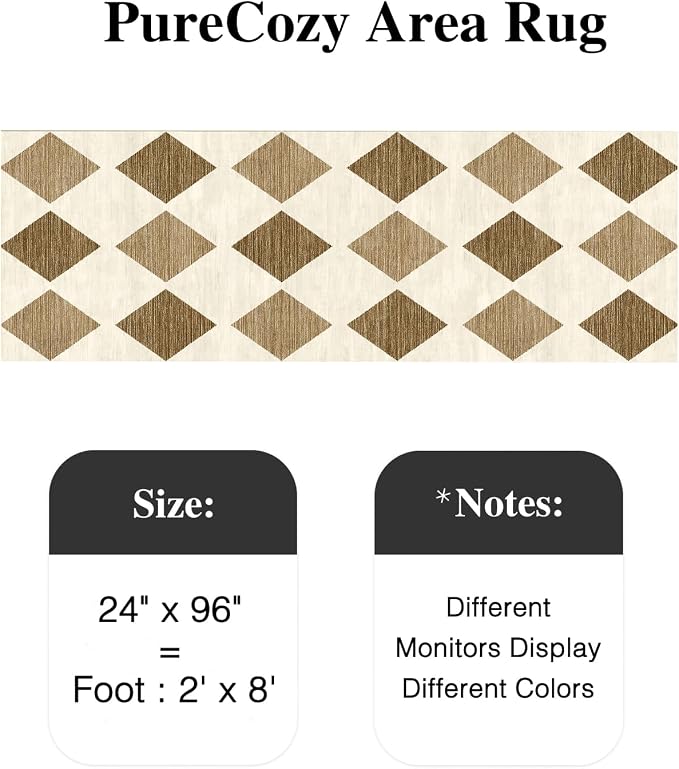 PureCozy 2x8 Runner Checkered Rug for Hallways Brown Washable Long Carpet Non-Slip Low Pile Boho Indoor Accent Throw Rug for Entrance Kitchen Bedroom Dining Laundry
