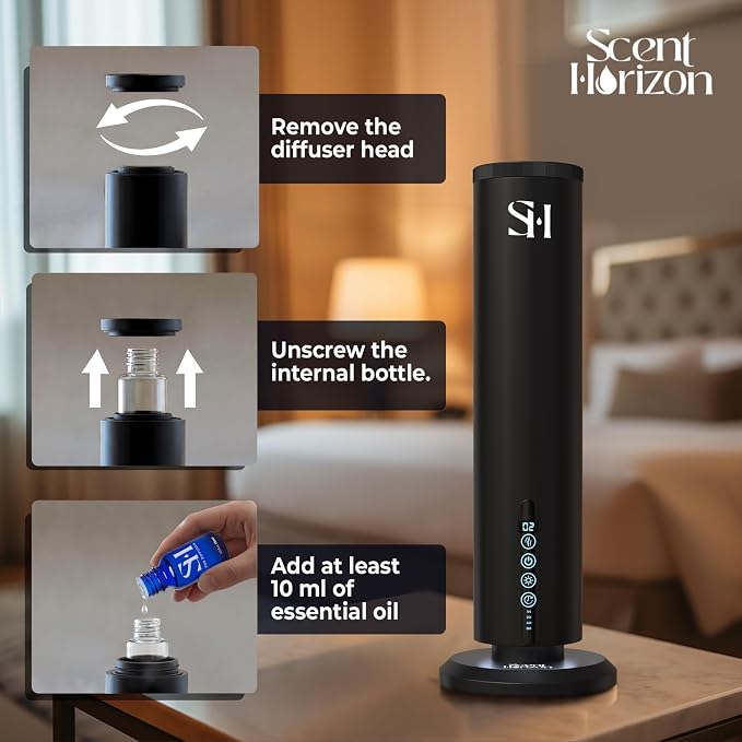 Hotel Waterless Scent Diffuser for Home Large Room - Tower Design 2026 with Rechargeable Battery, Oil Diffusers for Home, Hotel Aroma Oil Diffuser, Luxury ColdAir Home Diffuser set 3x15ml Diffuser Oil