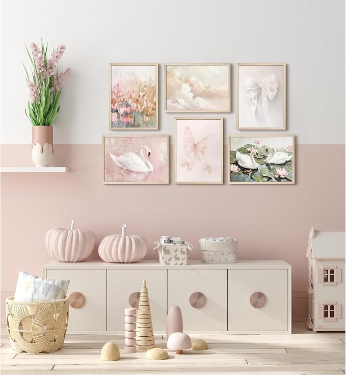 Coquette Pink Wall Art Decor Aesthetic Swan Posters Bow Flower Canvas Wall Art Preppy Cute Pictures Trendy Butterfly Posters Coquette Aesthetic Prints for Girl Dorm Bedroom 8x10x6 Inch Wood Framed