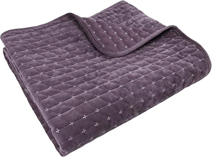 Levtex Home - Velvet Stitch - Throw - Cross Stitch Velvet - Plum with White - Quilt (50x60in.) and Sham 50x60in. - Polyester